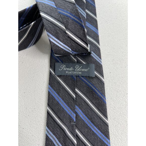 Pronto Uomo Gray, Blue, White Striped Pattern 100% Silk Handmade Tie NWOT - Picture 5 of 6